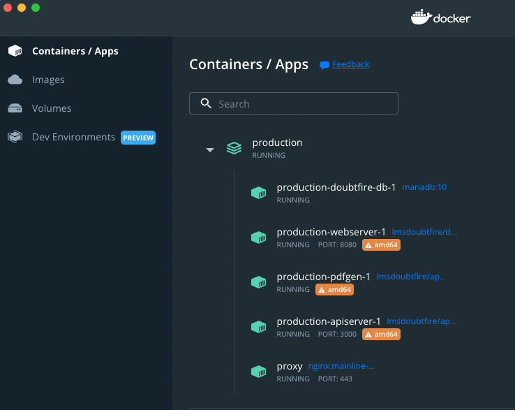 Docker containers running doubtfire-localhost-docker